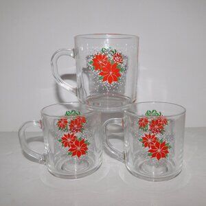 Set 3 VTG Luminarc Christmas Cheer Poinsettia Glass Coffee Tea Eggnog Mug
